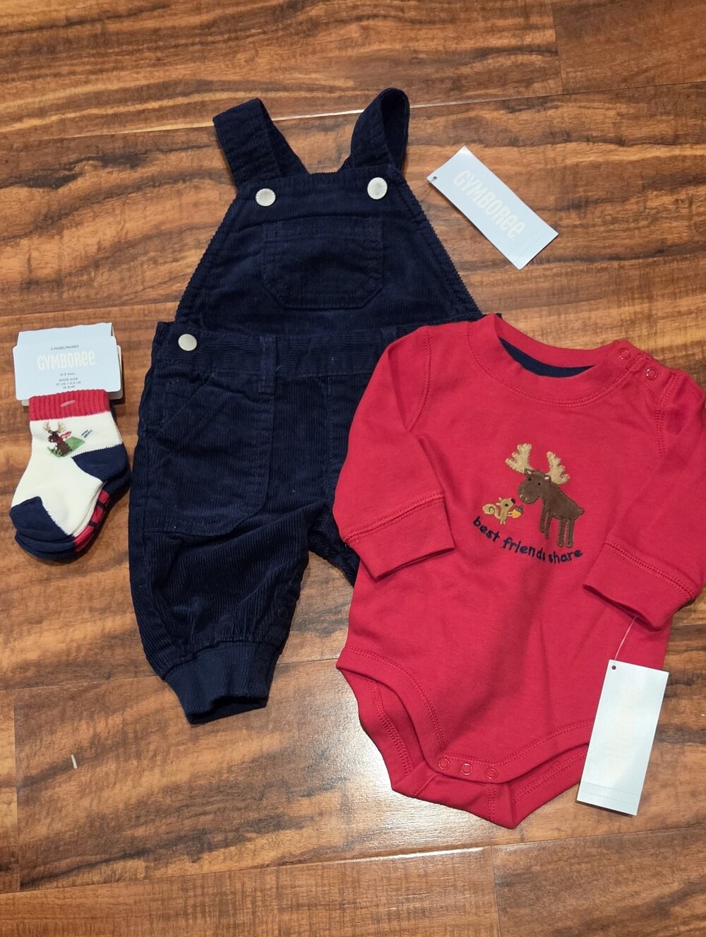 Gymboree NWT 0-3 Months Navy Corduroy Overalls, Moose Bodysuit and Socks (2)